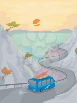 Illustration of a Microbus Driving Along a Coastal Road