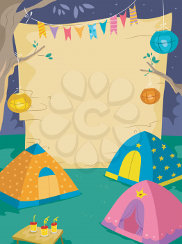 Illustration of a Camp Site with a Giant Board Standing Behind Tents