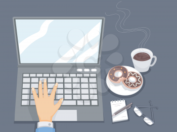 Flat Illustration of a Man with a Cup of Coffee and a Plate of Donuts on His Office Table