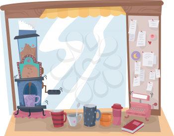 Illustration of a Coffee Stand Selling Coffee Prepared by a Coffee Maker