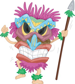 Illustration of a Native Man Carrying a Spear Wearing a Tiki Costume