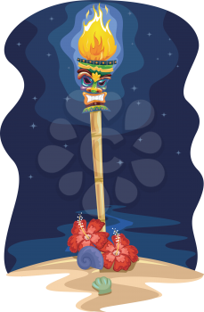 Night Scene Illustration of a Tropical Island with a Tiki Torch on the Shore