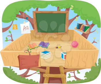 Illustration of a Cute Treehouse Classroom Cluttered with Educational Materials
