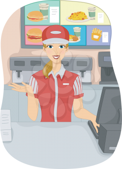 Illustration of a Girl Working as a Cashier in a Fast Food Chain