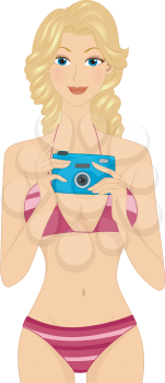 Illustration of a Girl in a Two Piece Swimsuit Holding a Camera