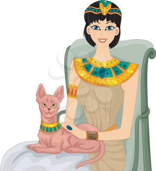 Illustration of an Egyptian Woman Petting Her Sphynx Cat