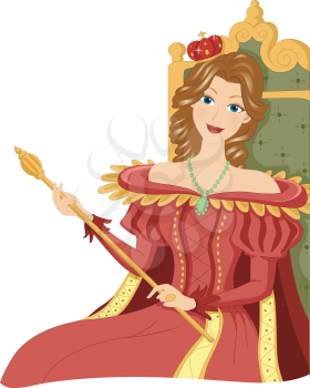 Illustration of a Woman Dressed as a Queen Holding a Scepter While Sitting on the Throne