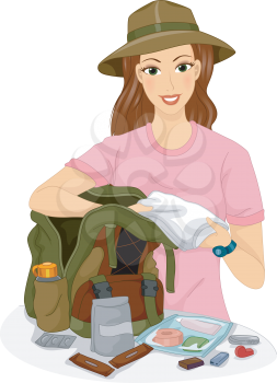 Illustration of a Female Traveler Packing Hiking Essentials