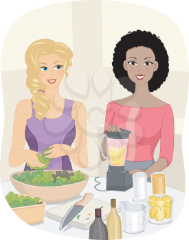 Illustration of Women Preparing Smoothies Made from Fruits and Vegetables