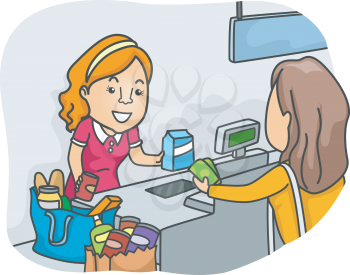 Illustration of a Shopper Standing in Front of a Cashier