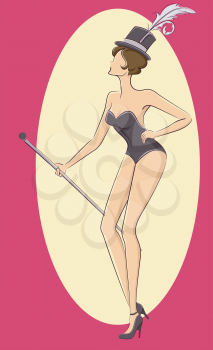 Illustration of a Burlesque Dancer Performing in Full Costume