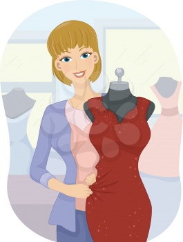 Illustration of a Fashion Designer Draping a Mannequin with a Gown