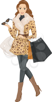 Illustration of a Stylish Woman Wearing a Fur Coat Out Shopping