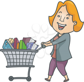 Illustration of a Woman Pushing a Cart Full of Books