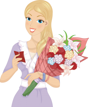 Illustration of a Girl Reading a Note While Cradling a Bouquet of Flowers