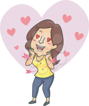 Illustration of a Lovestruck Woman Surrounded by Hearts