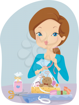 Illustration of a Girl Wrapping a Personalized Gift
