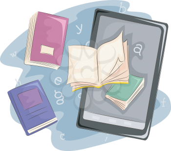 Illustration of Books Sitting Side by Side with an Ebook Reader