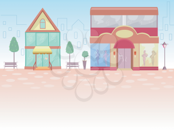 Illustration of Store Fronts with the Outline of a Cityscape for its Background