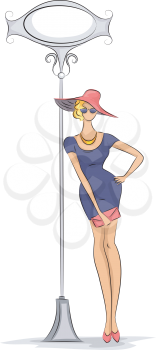 Sketchy Illustration of a Fashionable Woman Leaning Against a Light Pole