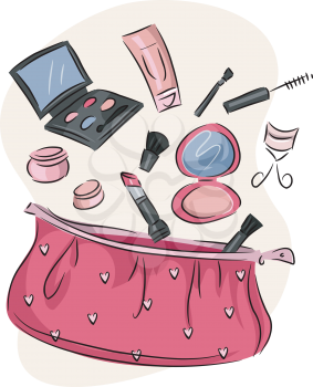 Illustration of a Pink Purse Containing an Assortment of Cosmetic Products