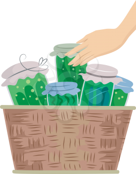 Illustration of a Hand Touching a Basket Filled with Canned Vegetables