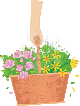 Cropped Illustration of a Hand Carrying a Basket of Flowers