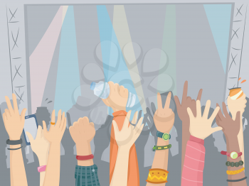 Illustration of the Audience of a Concert with Their Hands Raised