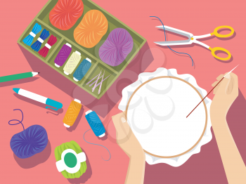 Illustration of an Embroidery Kit Lying Next to a Woman Embroidering a Pattern