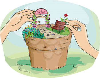 Illustration of a Woman Building a Miniature Garden in a Pot