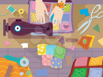 Illustration of a Person Sewing a Colorful Quilt