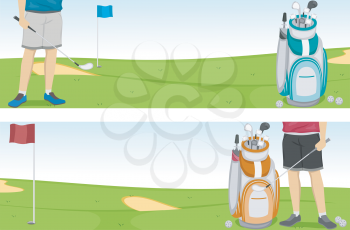 Banner Illustration of a Golfer and a Golf Bag Filled with Clubs
