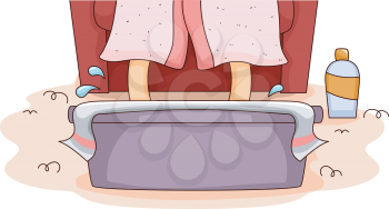 Illustration of a Woman Soaking Her Feet in a Tub of Water Mixed with Essences
