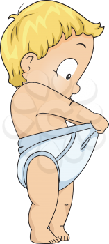 Illustration of a Baby Boy Checking What is Inside His Diaper