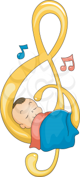 Illustration of a Cute Baby Sleeping Peacefully on a G-clef