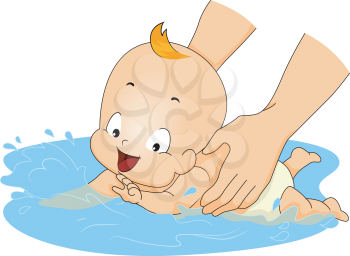 Illustration of a Baby Having Her First Swimming Lesson
