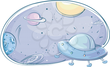 Outer Space Illustration Featuring a Spaceship Circling Around the Planets