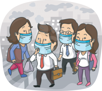 Illustration of the Residents of a Polluted City Wearing Surgical Masks