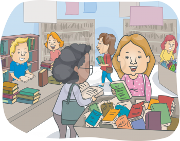 Illustration of a Customers at a Book Bazaar Checking the Selection of Books