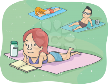 Illustration of a Woman Reading a Book While Sunbathing