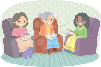 Illustration of Female Senior Citizens Enjoying Embroidery
