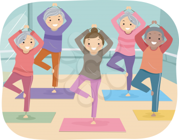Illustration of Senior Citizens Enjoying their Yoga Indoor Activity