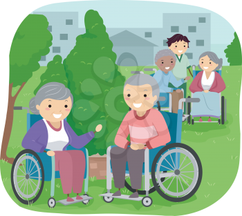 Illustration of Senior Citizens outside their room with a Caregiver