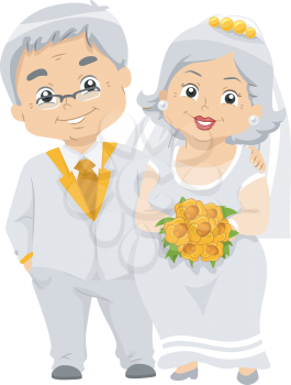 Illustration of a Happily Married Senior Citizen Couple with their Golden Wedding Bouquet