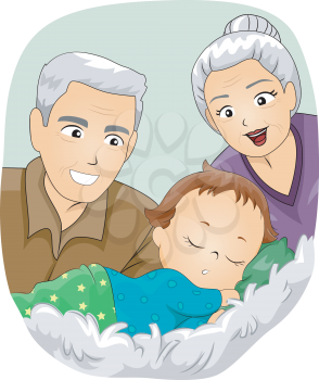 Illustration of a Senior Citizen Couple Looking at a Baby Sleeping