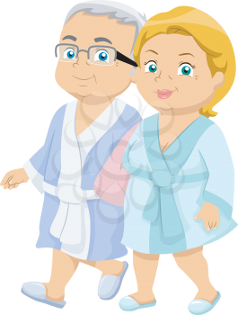 Illustration of a Senior Citizen Couple in Their Bathrobes Walking at a Spa