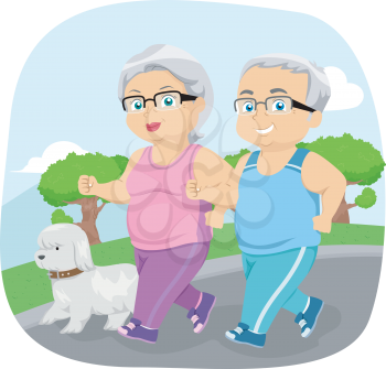 Illustration of a Happily Married Senior Citizen Taking Their Dog for a Walk