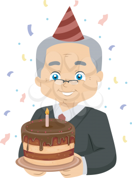 Illustration of a Happy Senior Citizen Carrying a Retirement Cake