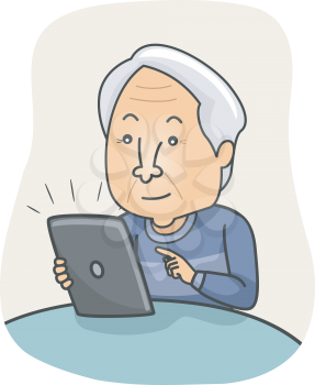 Illustration of an Elderly Man Browsing the Internet on His Tablet
