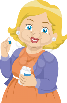 Illustration of an Elderly Female Holding a Pill
